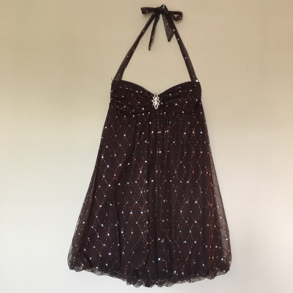 Brown, Sparkly Mini Halter-Tie Dress